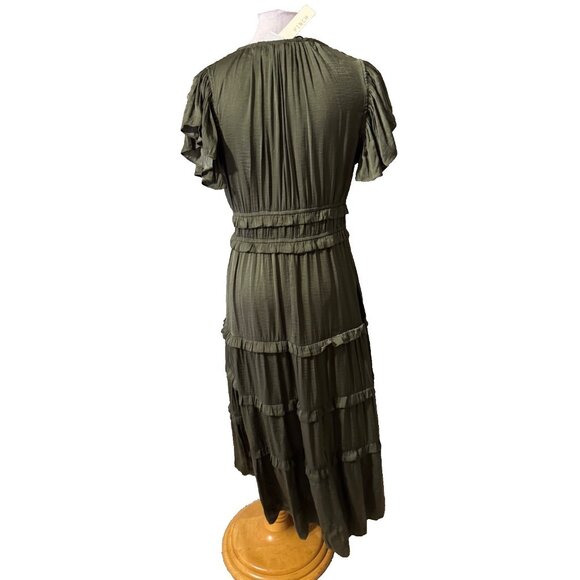 Pinch Tiered Maxi Dress L Large Olive Green Silky Short Flutter Sleeve NEW - Picture 4 of 16